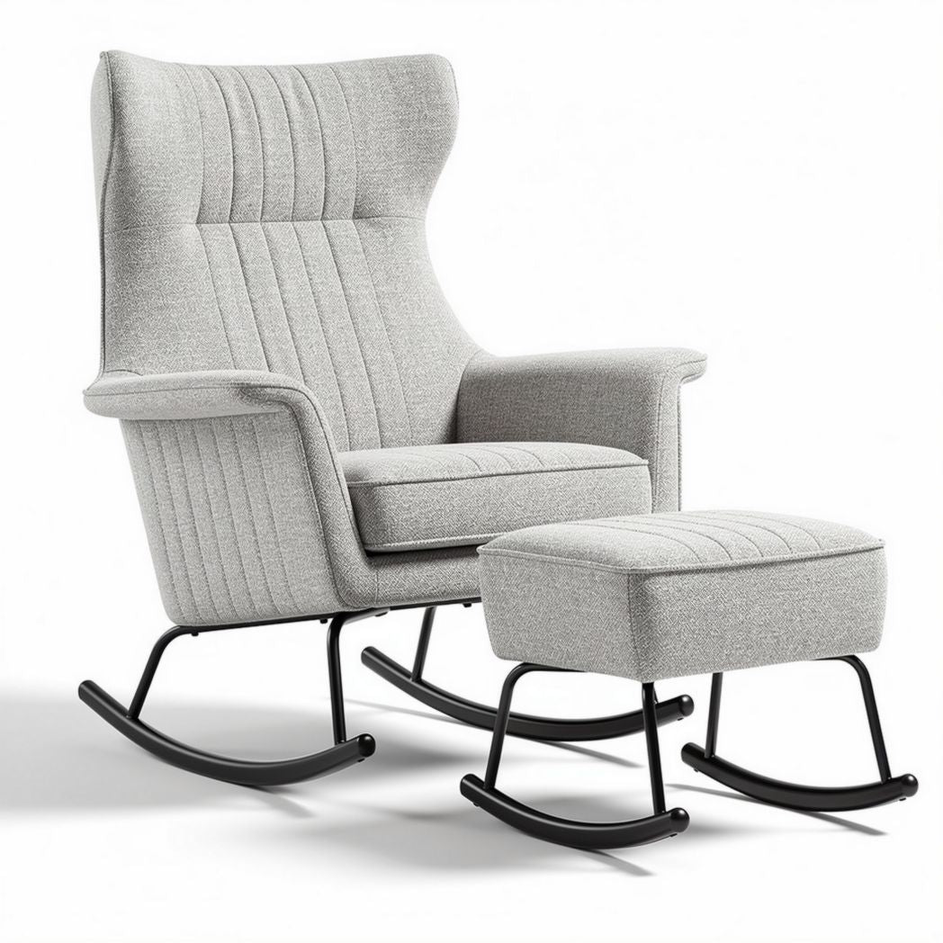 Fauteuil à bascule en tissu gris avec repose-pieds dimensions 85 x 70 x 100 cm