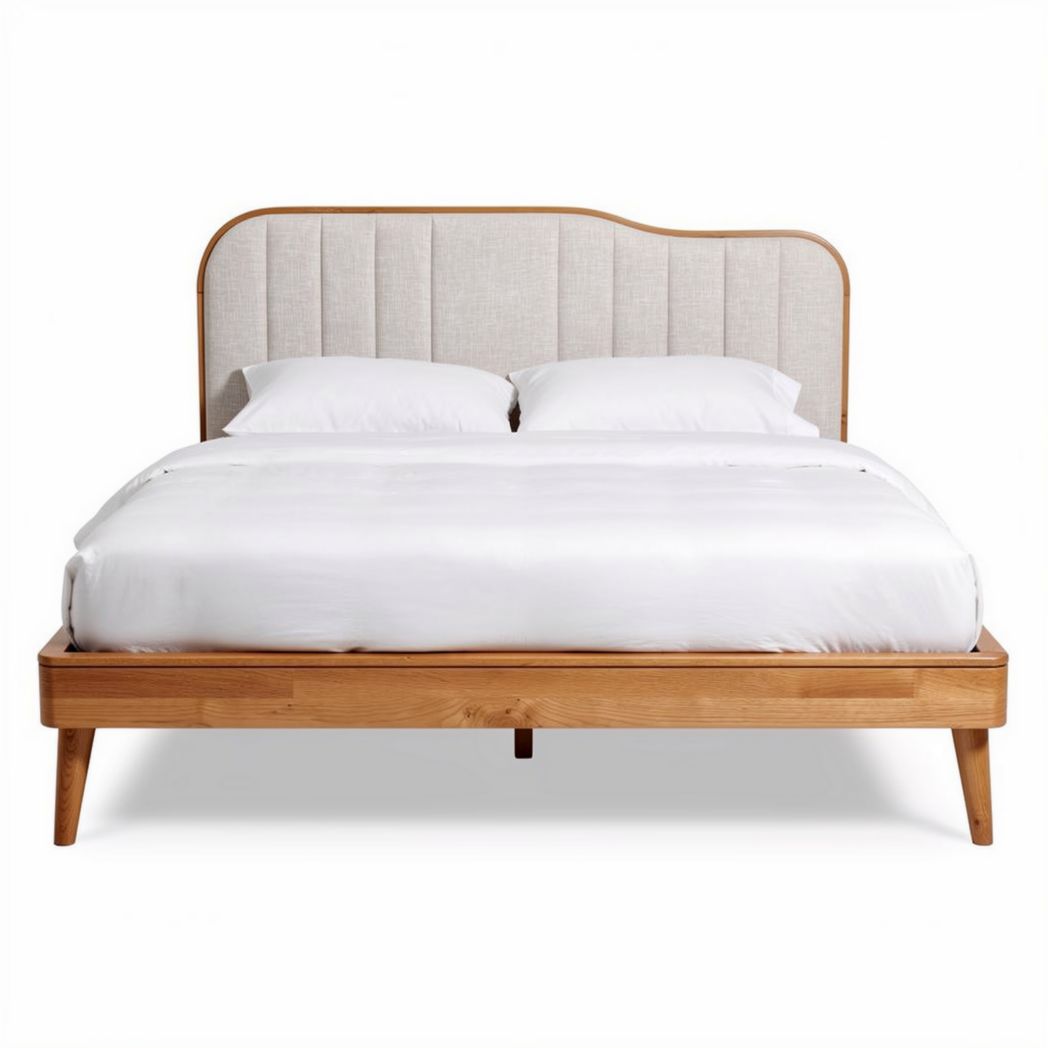 Lit en bois avec tête de lit en tissu beige 210 x 160 x 90cm
