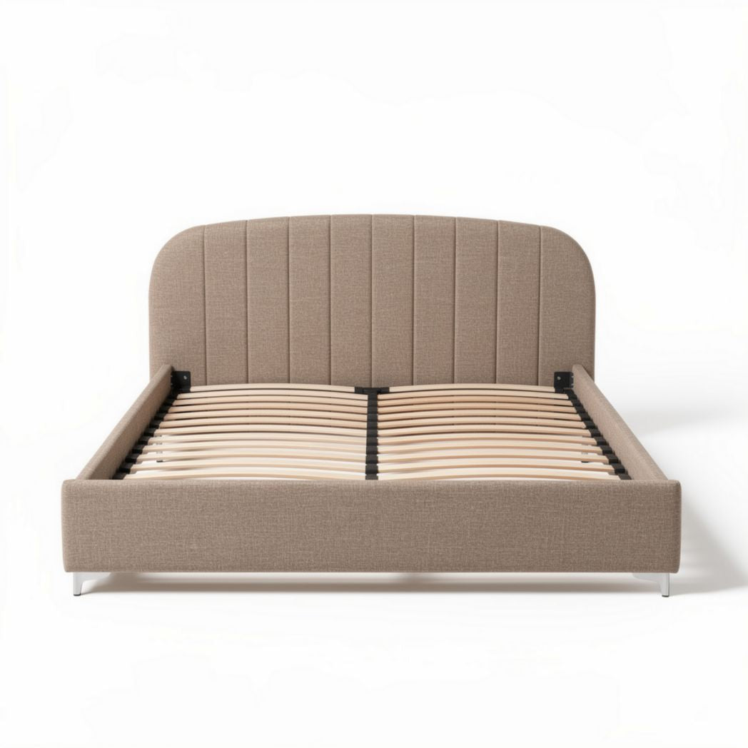 Lit en tissu beige avec sommier à lattes dimensions 200 x 160 x 100cm