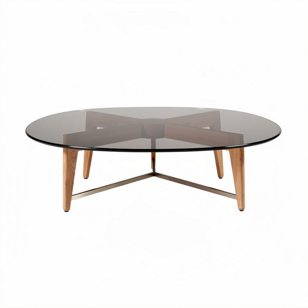 Table basse ovale en verre noir et pieds en bois de 100 x 60 x 40cm