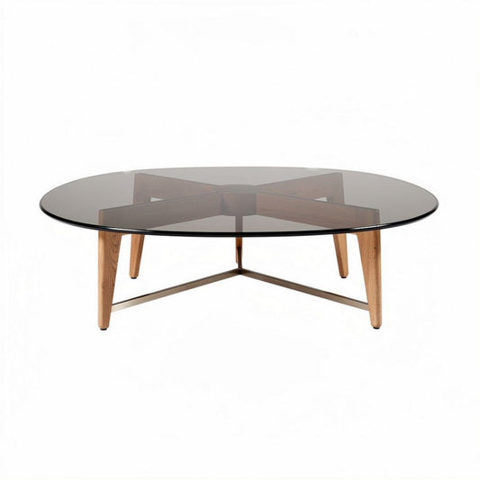 Table basse ovale en verre noir et pieds en bois de 100 x 60 x 40cm