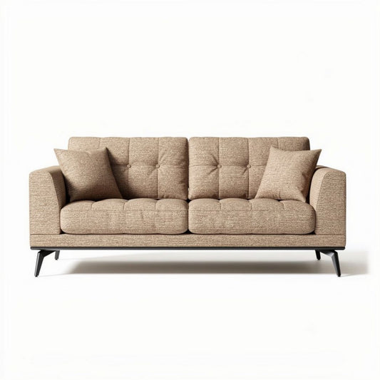 Canapé trois places en tissu beige avec coussins dimensions 210 x 90 x 80cm
