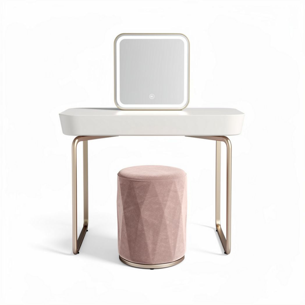 Coiffeuse moderne en bois blanc avec miroir et pouf rose 90 x 40 x 75cm