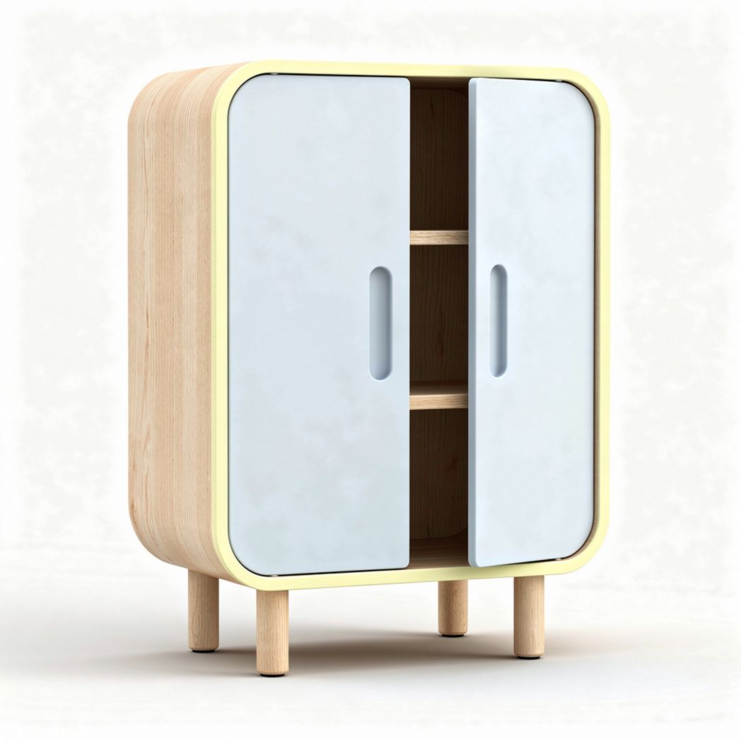 Buffet en bois avec portes blanches et finitions jaunes 80 x 40 x 100cm
